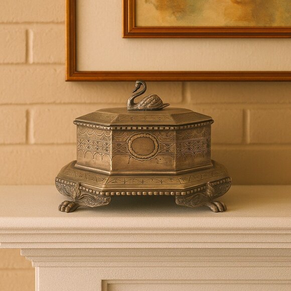 Vintage Twinkit Brass Jewelry Box – Swan Lid, 8x8 Octagon - Picture 1 of 3